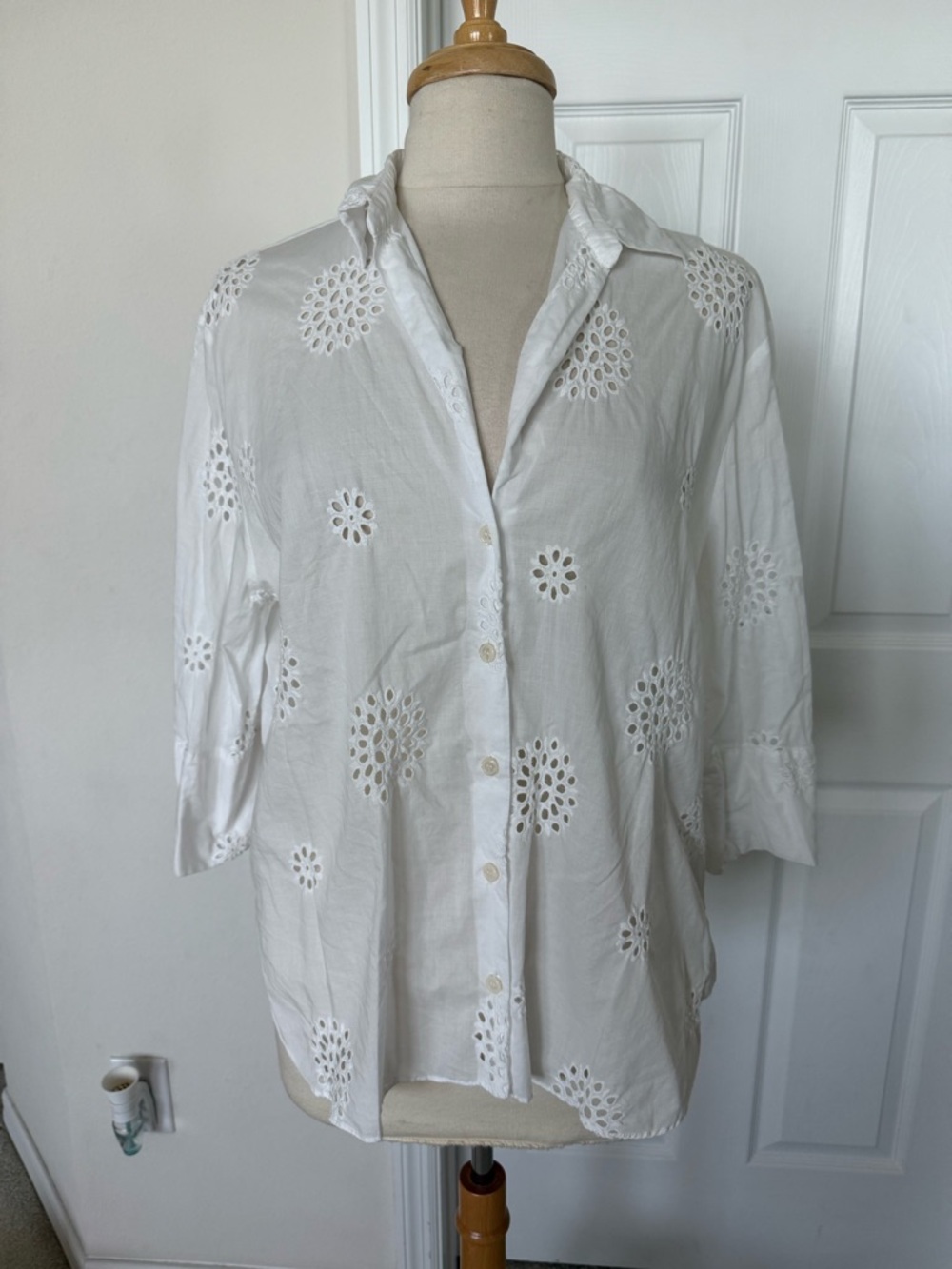 Zara White Eyelet Button-Down Shirt